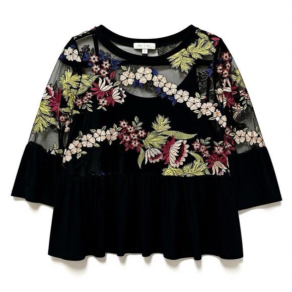 Eri + Ali for Anthropologie Top Black mesh Size S floral embroidery multicolor - Picture 4 of 8
